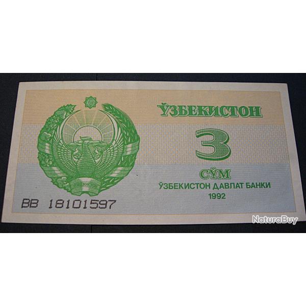 Uzbekistan , billet de 3 cym 1992   superbe