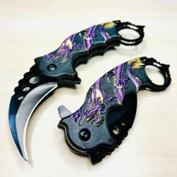 Couteau Elite Edge Dragon Purple Karambit Linerlock A/O Lame Acier Inox Manche Nylon A52BL