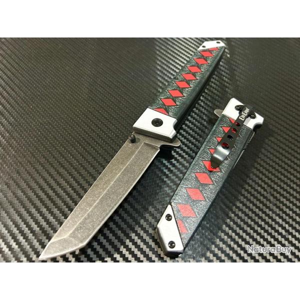 Couteau ElitEdge Japanese Katana Samurai Tanto A/O Lame Acier 420C Manche Nylon Linerlock Clip 02bkr