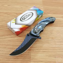 Couteau Semi Automatique Dragon Scale Lame Drop Point Acier Black Blue Dragon Manche ABS Blue 551BL