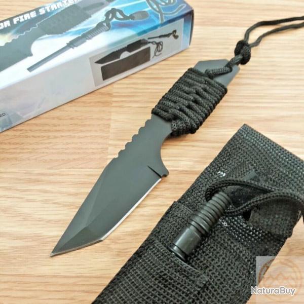 Couteau de Survie Lame Tanto Acier Inox Manche Corde Allume Feu Etui Nylon 0832