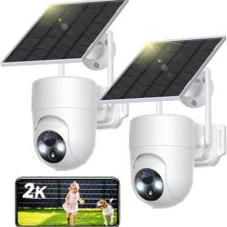 Camera Surveillance 2K Solaire WiFi 2 Pcs 360&deg; PTZ Vision Nocturne D&eacute;tection PIR &Eacute;tanche IP66