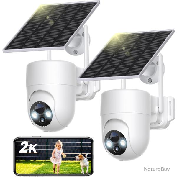 Camera Surveillance 2K Solaire WiFi 2 Pcs 360� PTZ Vision Nocturne D�tection PIR �tanche IP66