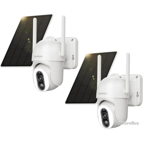 Camera Surveillance 2K Lot de 2 Solaire WiFi 360�PTZ Vision Nocturne PIR Audio Bidirectionnel IP66