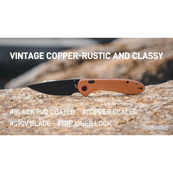 Couteau CJRB Feldspar Lame Acier CPM S90V Manche Cuivre Cuivre Top Liner Lock J1912GCO