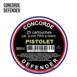 25 Cartouches CONCORDE DEFENDER Cal 9 mm Pak &agrave; Blanc