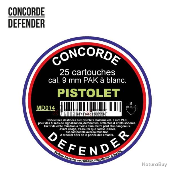 25 Cartouches CONCORDE DEFENDER Cal 9 mm Pak � Blanc