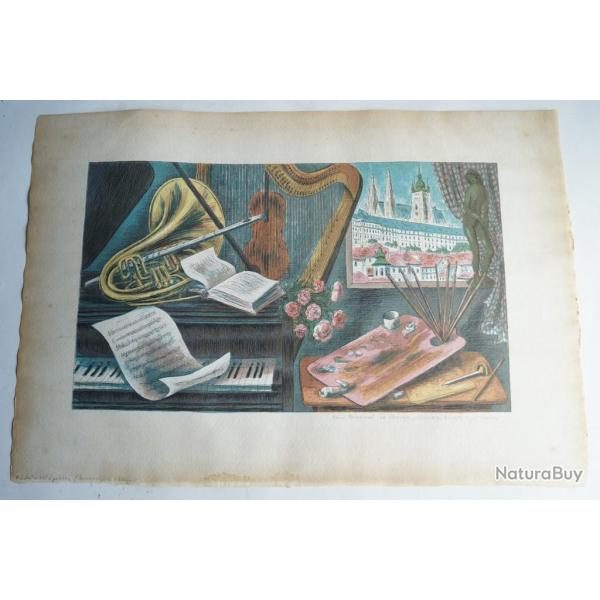 Lithographie originale Bouda Cyril Nature morte musicale Tch�coslovaquie