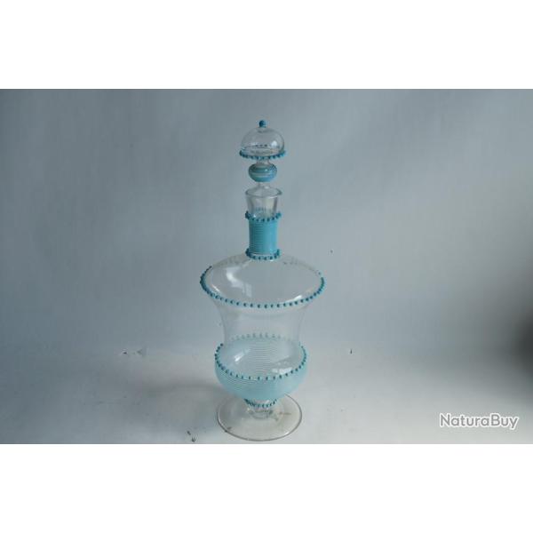 Bouteille verre souffl� perles filet bleu Murano