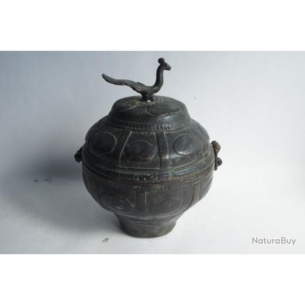 Ancien Pot bronze Paon Inde Asie