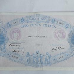 Billet 500 Francs bleu et rose 31 mars 1938 R.2795 France
