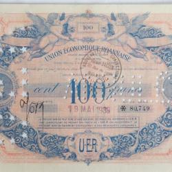 Billet 100 Francs Union &eacute;conomique roannaise perfor&eacute; UER Annul&eacute;
