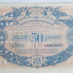 Billet 30 Francs Union &eacute;conomique roannaise perfor&eacute; UER Annul&eacute;