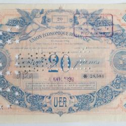 Billet 20 Francs Union &eacute;conomique roannaise perfor&eacute; UER Annul&eacute;