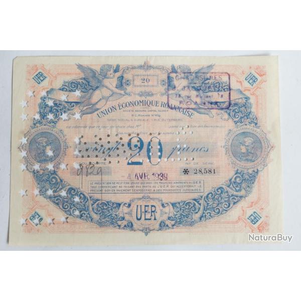 Billet 20 Francs Union �conomique roannaise perfor� UER Annul�