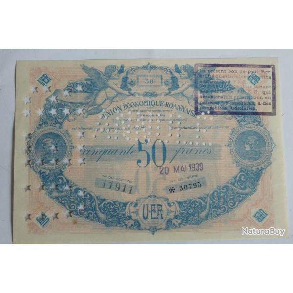 Billet 50 Francs Union �conomique roannaise perfor� UER Annul�