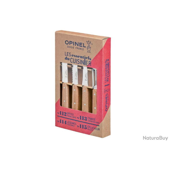 Opinel, Coffret 4 couteaux de cuisine � Les Essentiels Naturel � - bois de h�tre & lames inox