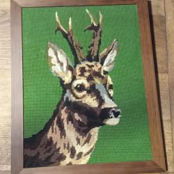 tableau canevas vintage au chevreuil 47x37 style chalet chic / art populaire r&eacute;tro