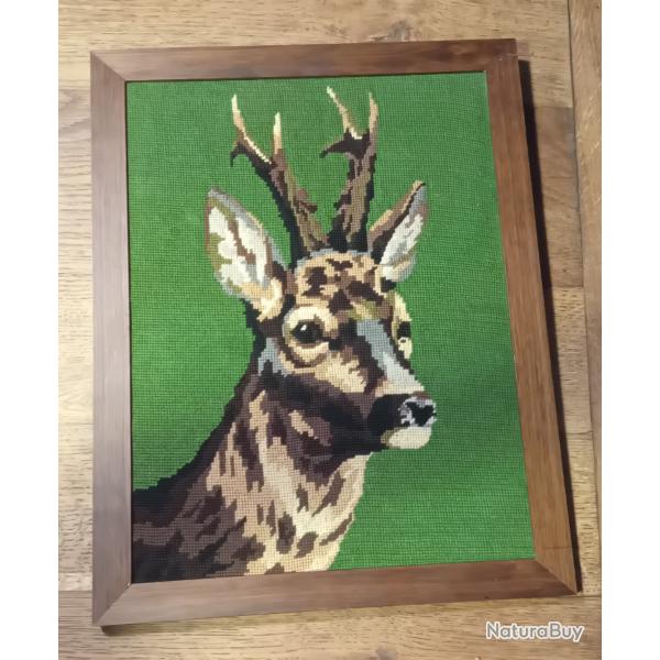 tableau canevas vintage au chevreuil 47x37 style chalet chic / art populaire r�tro