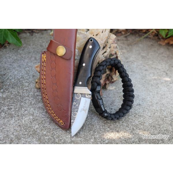 Couteau Skinner Elk Ridge Lame Drop Point Acier 3CR13 Satin Manche Bois Etui Cuir + Bracelet Corde