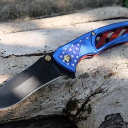 Couteau Semi Automatique A/O Bleu Lame Acier Inox Manche Alu Bleu Etoiles Linerlock Clip 01
