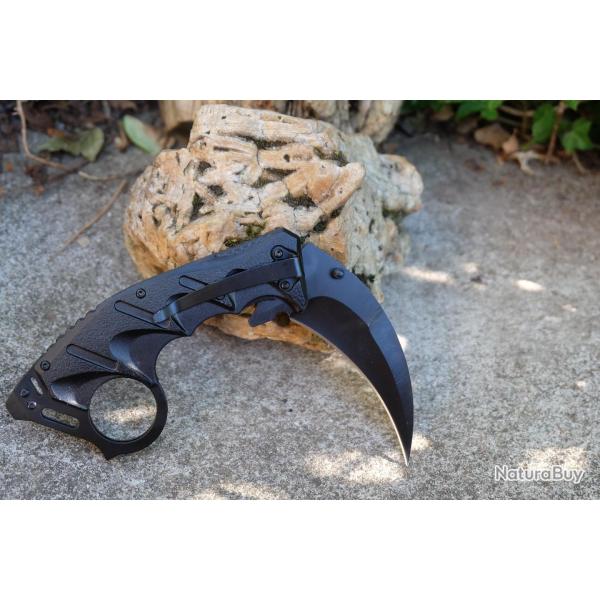 Couteaux Griffe Karambit Semi Automatique Lame Acier 3Cr13 Manche Aluminium Black linerlock Clip