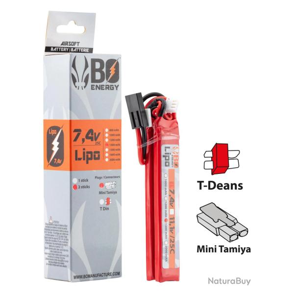 2 Sticks Batterie LiPo 2S 7.4V 1300mAh 25C Connectique T-Dean - Bo Manufacture