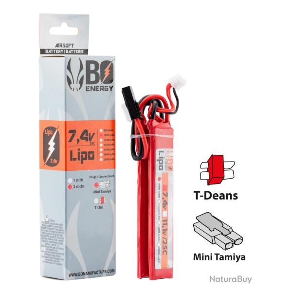 2 Sticks Batterie LiPo 2S 7.4V 1000mAh 25C Mini Tamiya - BO Manufacture