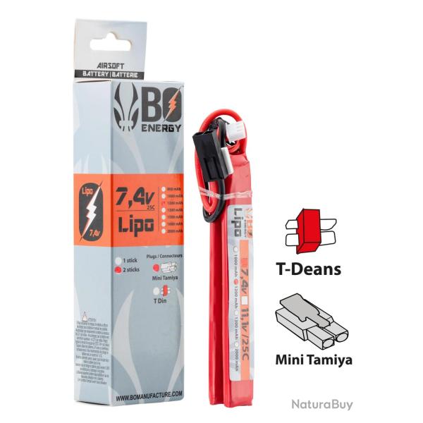 Pack de 2 Batteries LiPo Stick 2S 7.4V 1200mAh 25C Connecteur Mini Tamiya - Bo Manufacture