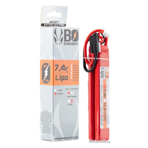 Pack de 2 Batteries LiPo Stick 2S 7.4V 2000mAh 25C Connecteur Mini Tamiya - Bo Manufacture