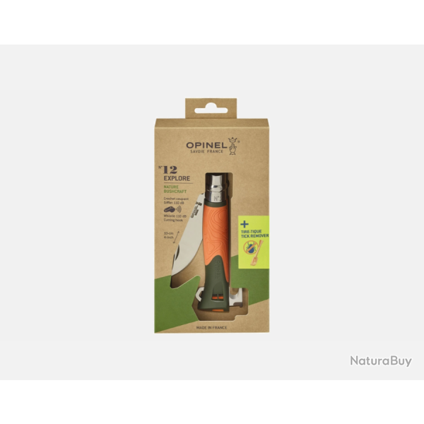 Opinel N�12 Explore Tire-Tique Orange - Couteau Outdoor avec Sifflet