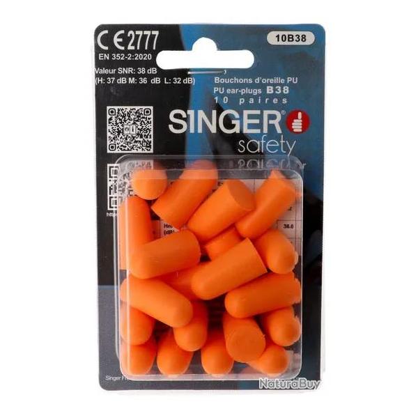 Bouchons d'Oreille en Polyur�thane Orange - SNR 38 dB - Blister de 10 Paires - Singer Safety