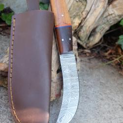 Couteau Skinner Scimitar Lame Acier Damas 256 Couches Manche Bois Etui Cuir Fabric Artisanale