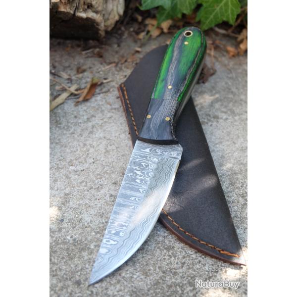 Skinner Couteau Damas Lame 256 Couches Lame Trailing Point Manche Green F Artisanale Etui Cuir