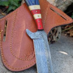 Couteau Skinner Lame Rasoir Acier Damas 256 Couches Manche Bois/Os Beau Etui Cuir Fabric Artisanale