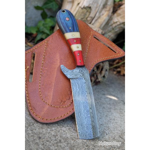 Couteau Skinner Lame Rasoir Acier Damas 256 Couches Manche Bois/Os Beau Etui Cuir Fabric Artisanale