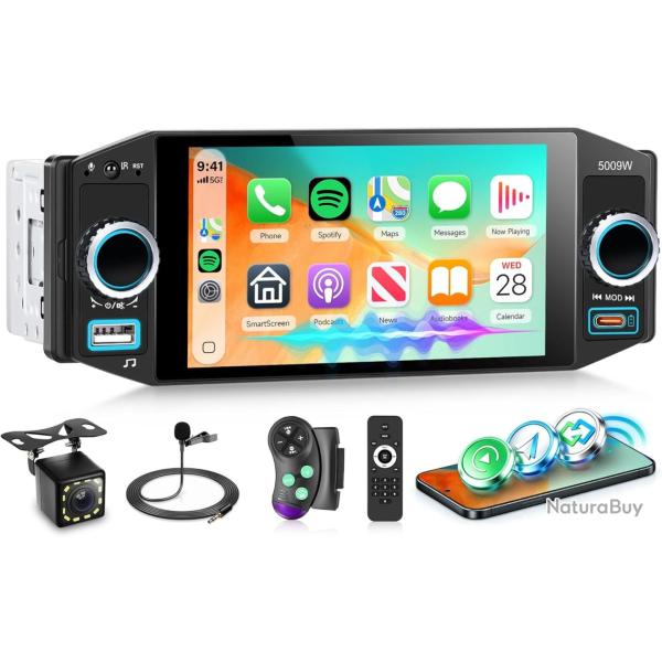 Carplay Autoradio 1 Din avec sans Fil Android Auto Bluetooth FM/AM/RDS, 5 Pouces �cran Tactile Autor