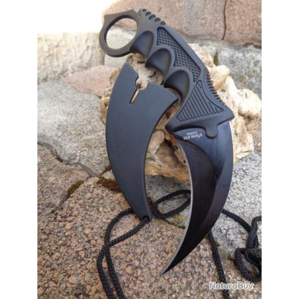 Couteau Tactical Street Fighter Karambit de Cou Lame Acier Inox Manche ABS Etui FRN 431BK