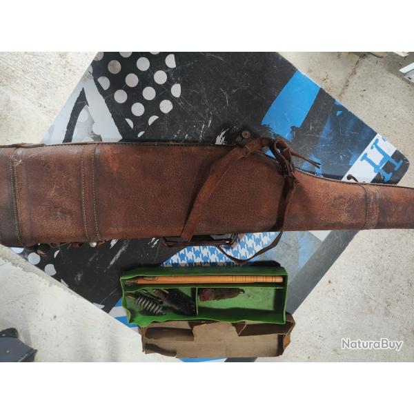 �tui jambon en cuir ancien 1950 + kit nettoyage fusil