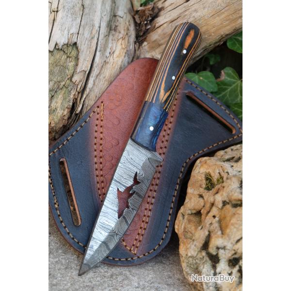 Couteau Drop Point Damas Requin dans la Lame 256 Couches Manche Bois/Atlantide Etui Cuir F Artisan