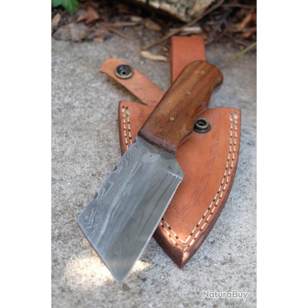 Skinner Couteau Damas Lame 256 Couches Lame Tanto Reverse Manche Bois Fabr Artisanale Etui Cuir