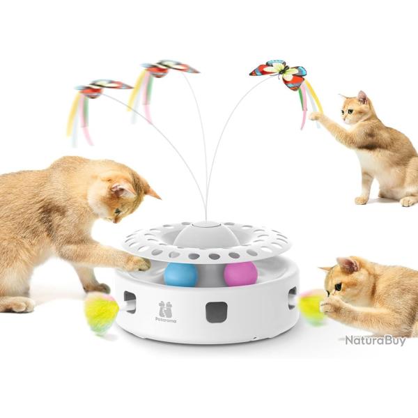 Jouet Chat Automatique 3 en 1 Plume Papillon Balles Papillon Volant et Balles de Piste