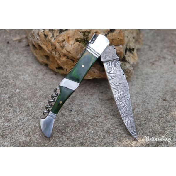 Couteau Damas Lame 128 Couches Fa�on Laguiole Manche Bois Green/Acier Tire Bouchons F Artisanale