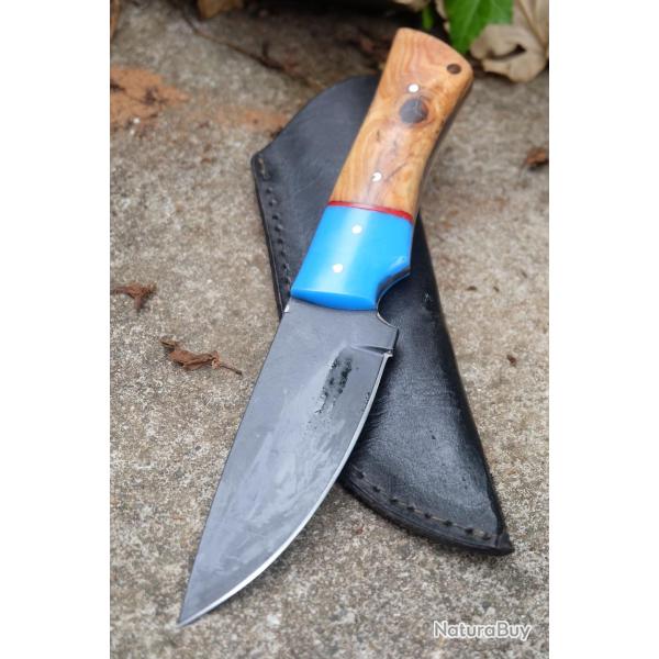 Couteau de Chasse Skinner Lame Drop Point Acier Carbone 1055 Blk Manche Bois/R�sine Etui ArtisanaleA