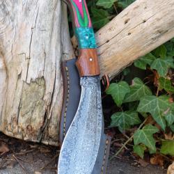 Beau Bowie Couteau de Chasse Kukkri Damas Lame 256 Couches Manche R&eacute;sine/Bois Fab Artisan Etui Cuir