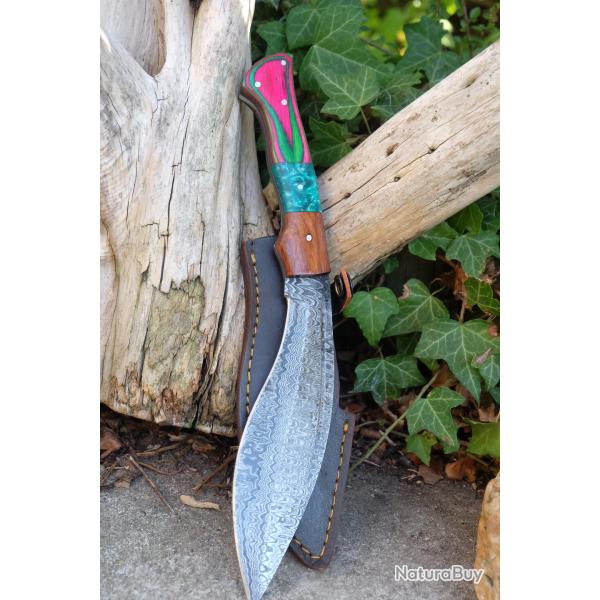 Beau Bowie Couteau de Chasse Kukkri Damas Lame 256 Couches Manche R�sine/Bois Fab Artisan Etui Cuir