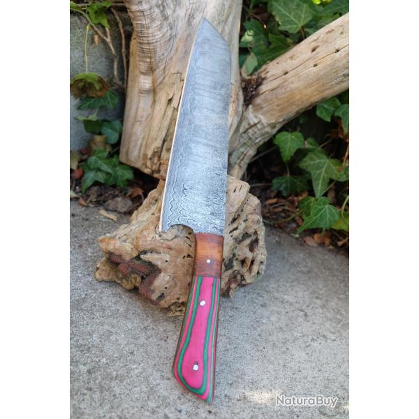 Couteau de Cuisine Style Japonais Damas Lame Kiritsuke 256 Couches Manche Bois Arlequin Fab ArtisanA