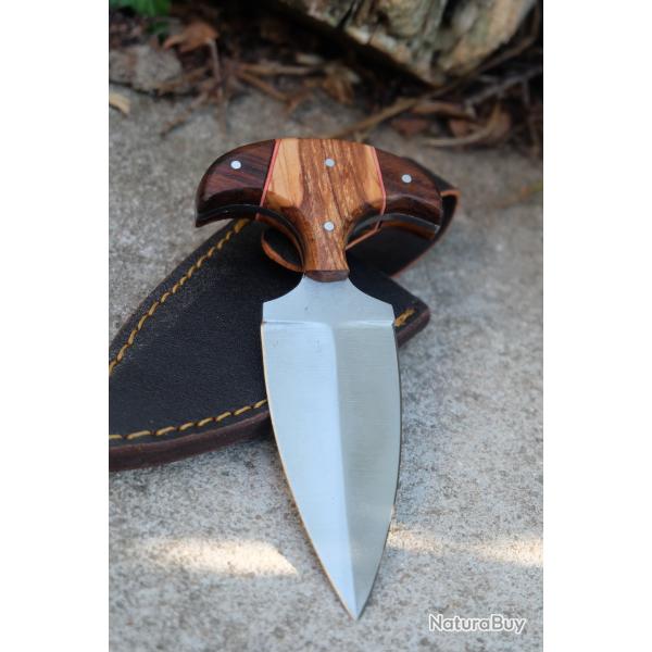 Couteau Push Dagger Lame Acier Inox Double Tranchant Manche Bois Etui Nylon Fabric Artisanale