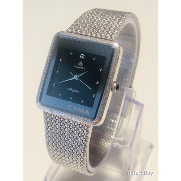 Montre Vintage CYMA Navystar Quartz Cadran Noir - Bo�tier Carr� & Maille Milanese - tr�s bon �tat