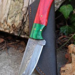 Skinner Couteau Damas Lame 256 Couches Lame Drop Point Manche Rubis Fabr Artisanale Etui Nylon